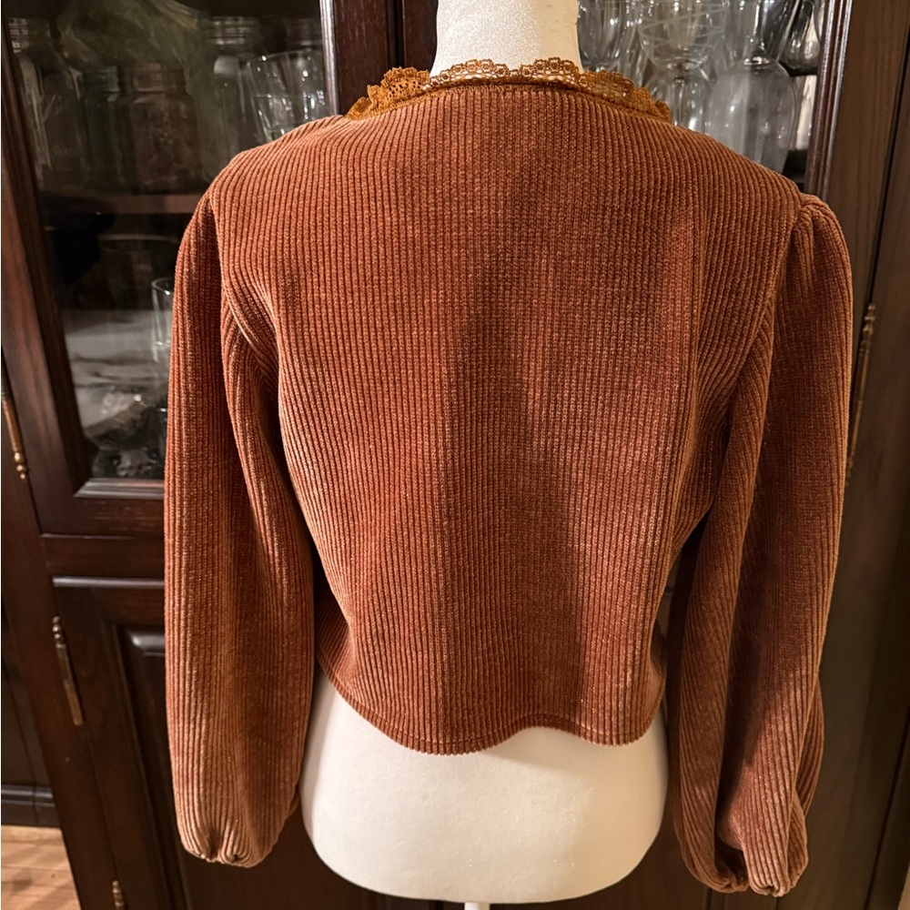 Pol Light Brown Corduroy Ballon Sleeve Crop Jacket With Gold Threading Size S View 5
